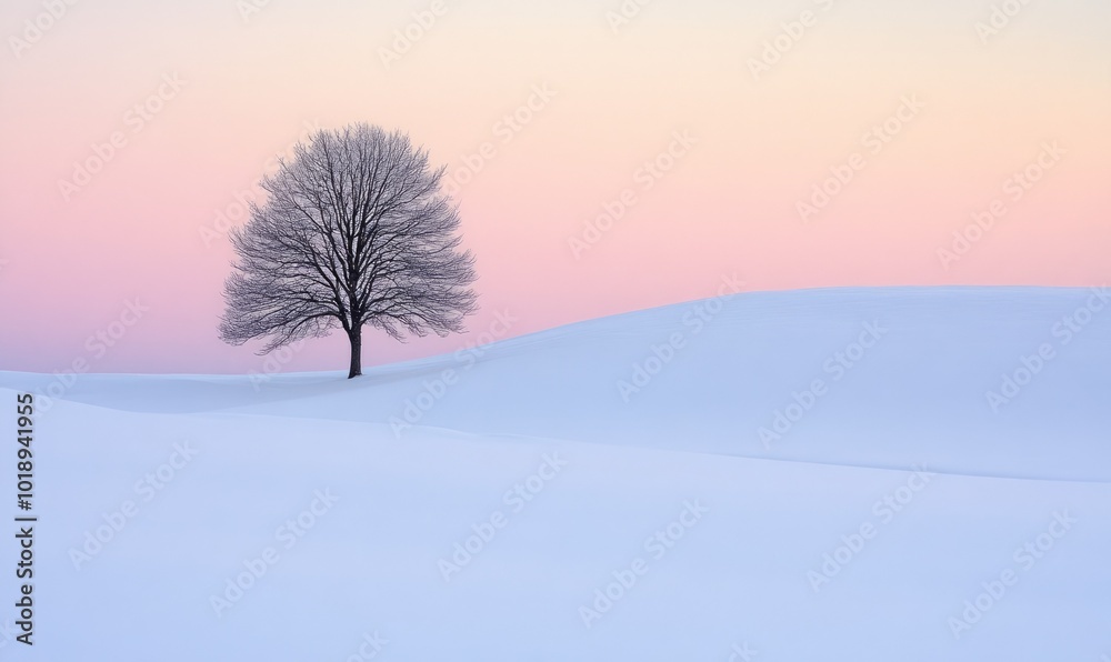 Winter twilight over snow-covered fields with a lone tree, creating a peaceful and serene landscape Winter twilight over snow-covered fields with a lone tree, creating a peaceful and serene landscape