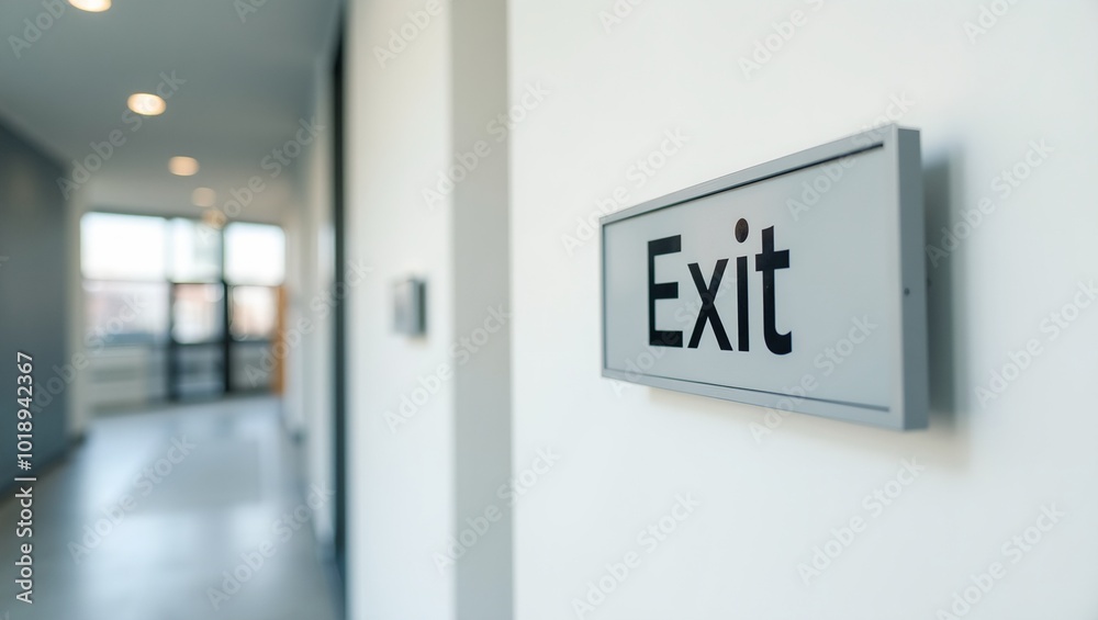 Modern Exit sign on white wall in minimalist setting