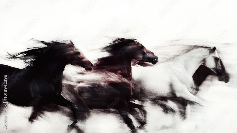 Naklejka premium A captivating image of horses in motion, showcasing their strength and grace as they gallop at high speed with a dynamic blur effect, symbolizing freedom and power.