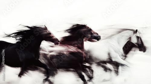 A captivating image of horses in motion, showcasing their strength and grace as they gallop at high speed with a dynamic blur effect, symbolizing freedom and power.