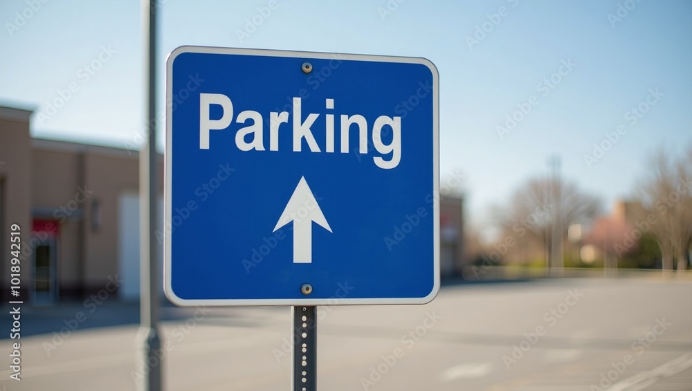 Parking sign with arrow on post in empty lot Parking sign with arrow on post in empty lot