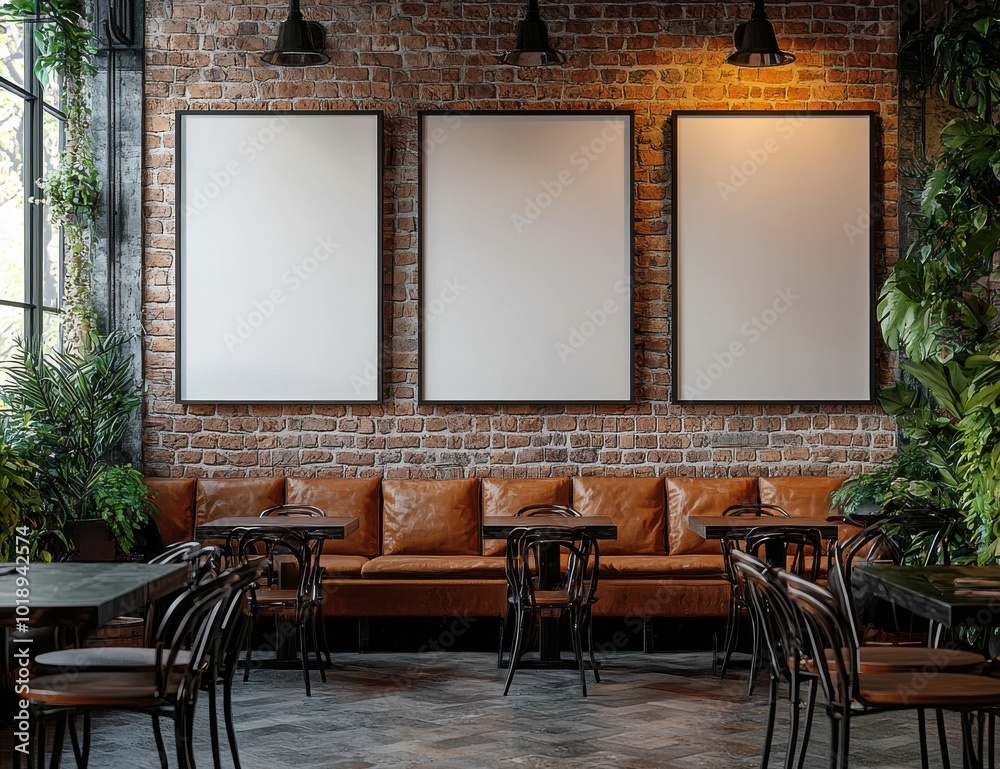 Cozy coffee shop interior with three large blank posters on brick wall and leather seating
