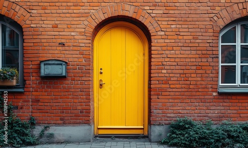 Vibrant Yellow Door on Red Brick Building