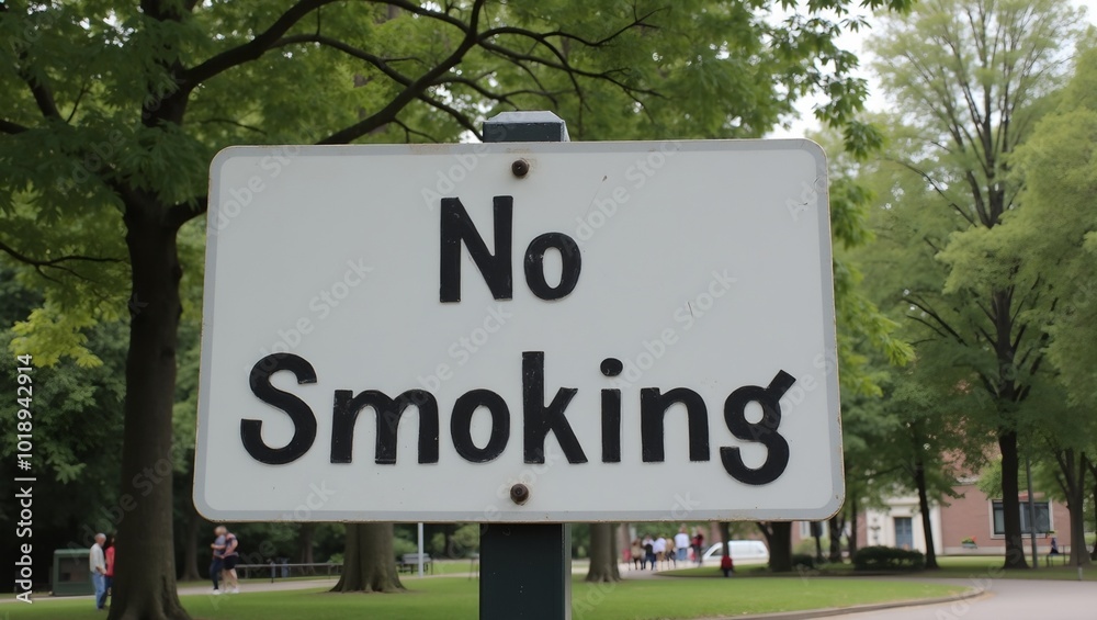 Fototapeta premium No Smoking sign on post in park trees in background