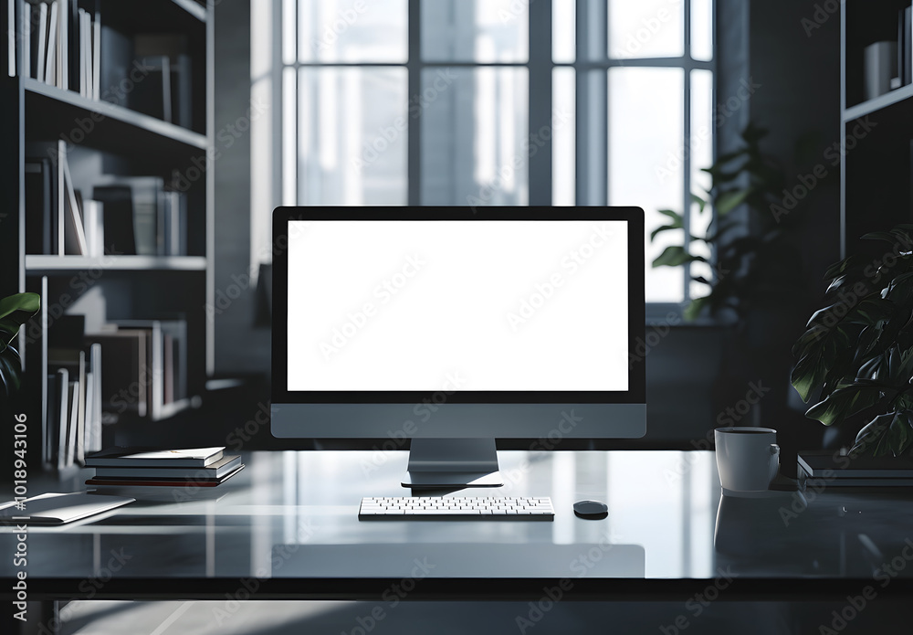 Blank computer screen on the glassy table at bookshelf background design, Blank computer screen on the glassy table at bookshelf background design,