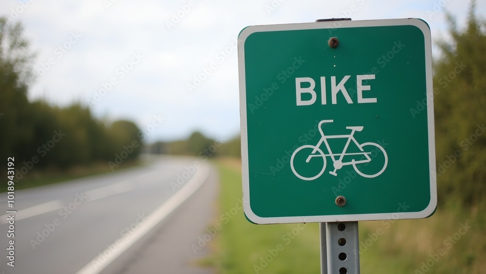 Bike Lane sign with bicycle symbol on post along empty road Bike Lane sign with bicycle symbol on post along empty road