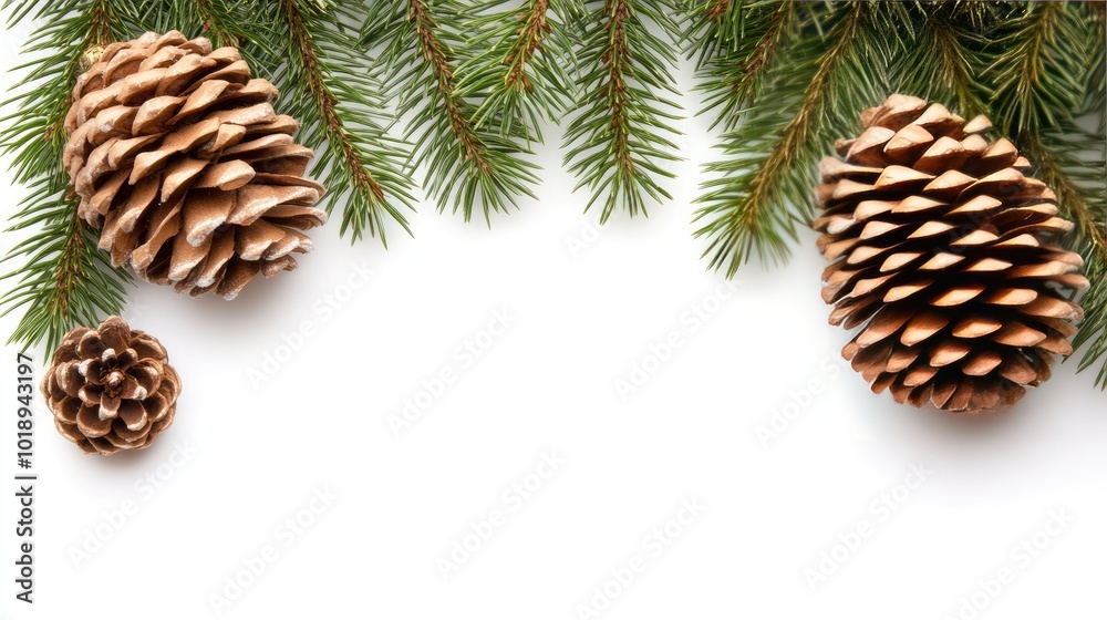 A fir tree branch features lush green needles and textured pine cones, creating a festive decoration perfect for holiday-themed designs on a bright white background A fir tree branch features lush green needles and textured pine cones, creating a festive decoration perfect for holiday-themed designs on a bright white background