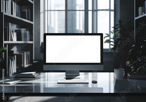 Blank computer screen on the glassy table at bookshelf background design,