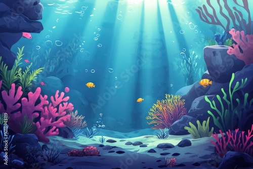 A colorful underwater scene with a variety of sea creatures swimming around, generative ai image