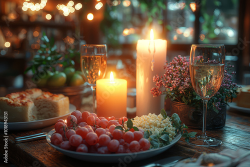 A candlelit dinner for two, with simple food and deep conversation. Concept of slow living.