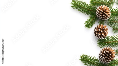 A fir tree branch features lush green needles and textured pine cones, creating a festive decoration perfect for holiday-themed designs on a bright white background