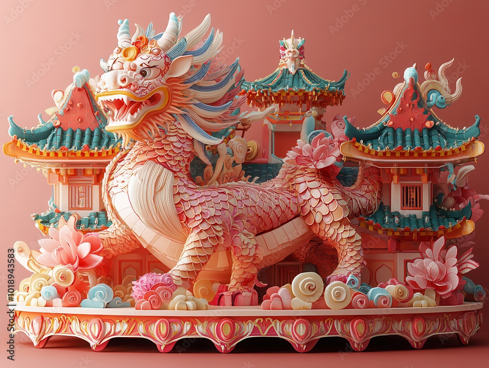 Obraz premium Spectacular Chinese New Year parade floats illustrations featuring elaborate and colorful designs for the holiday parades