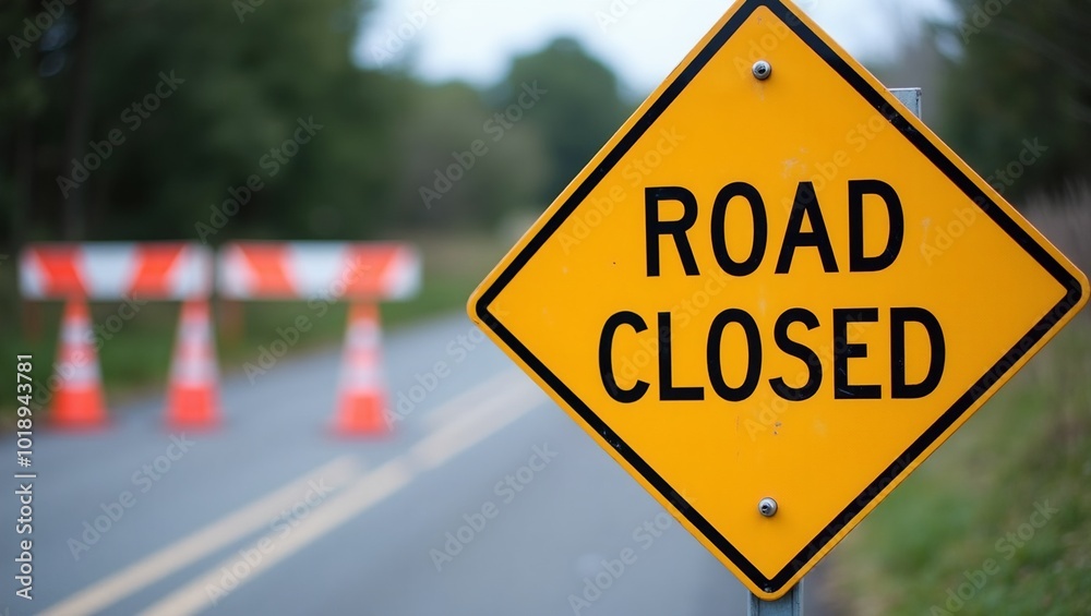 Yellow Road Closed sign on metal barrier with roadblock and detour cones Yellow Road Closed sign on metal barrier with roadblock and detour cones