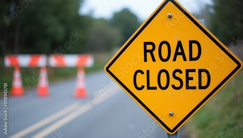 Yellow Road Closed sign on metal barrier with roadblock and detour cones