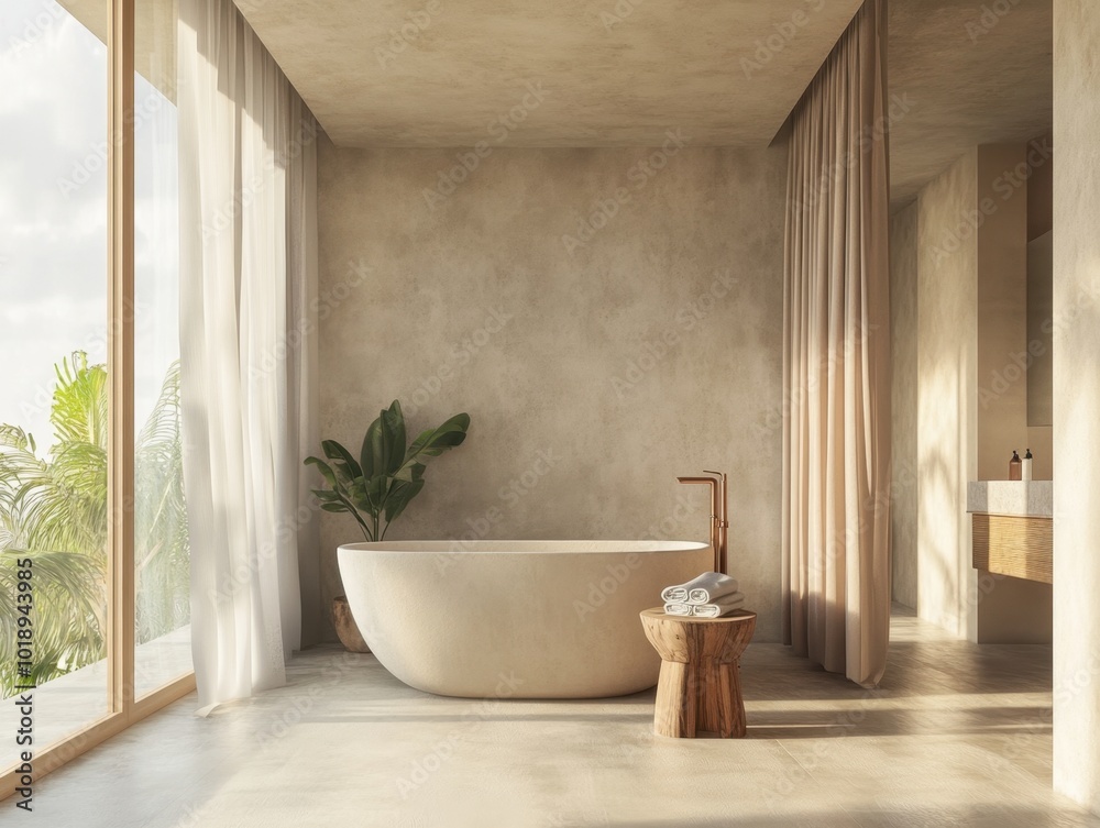 Fototapeta premium A bathroom with a bathtub and a wooden stool