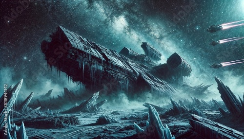 Futuristic Frozen Starship Wreckage in Deep Space with Eerie Atmosphere photo