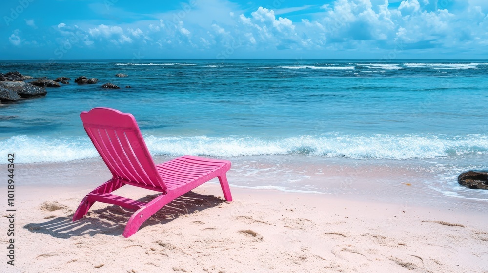 Pink lounge chair on a white sandy beach overlooking the turquoise ocean with blue sky and white clouds. Pink lounge chair on a white sandy beach overlooking the turquoise ocean with blue sky and white clouds.