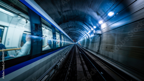 High speed Train racing through a green countryside with motion blur. The train is sleek and silver, with its body glinting in the sunlight. The train is cutting through vibrant fields.