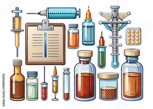 Medical set of icons with syringes, capsules, Collection of Colorful Medical and Healthcare Icons