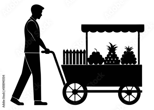 Silhouette of a Street Vendor Selling Produce, Silhouette of a Street Vendor Selling Fruit from a Cart