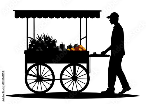 Silhouette of a Street Vendor Selling Produce, Silhouette of a Street Vendor Selling Fruit from a Cart