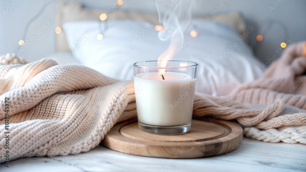 Lit candle on wooden tray with cozy blanket and soft lighting in background Lit candle on wooden tray with cozy blanket and soft lighting in background