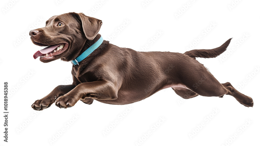 A brown dog is running with its tongue out and a blue collar A brown dog is running with its tongue out and a blue collar