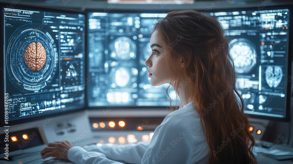 A young woman gazing thoughtfully at brain scans on a futuristic medical display. Technology and health care intersect in a modern lab environment