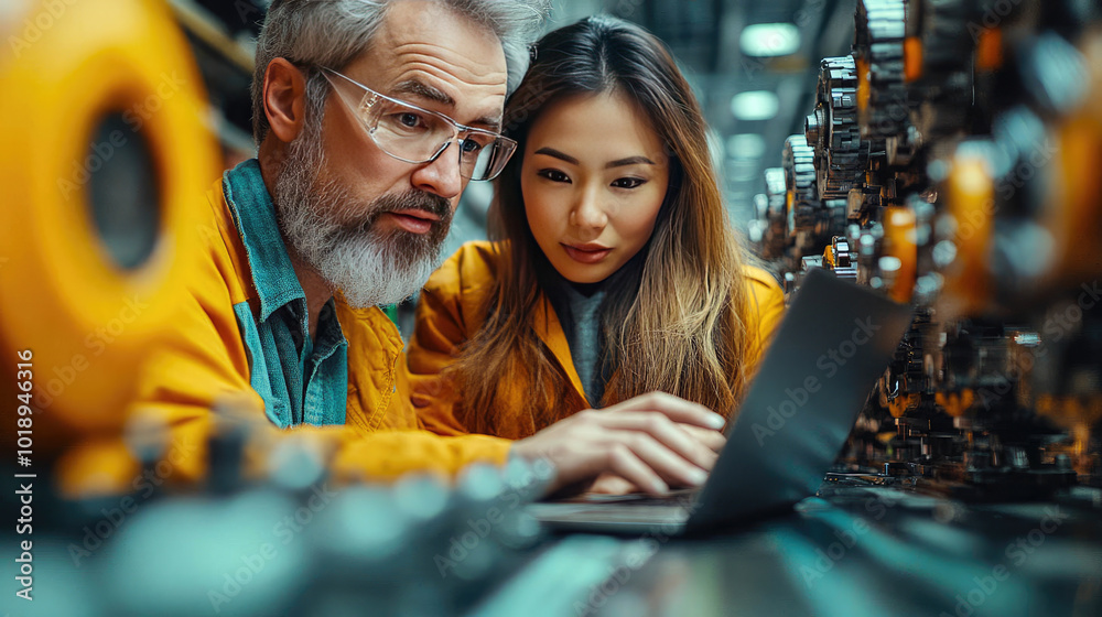 Industrial engineers analyzing data on a tablet in a factory, highlighting technology and teamwork in manufacturing