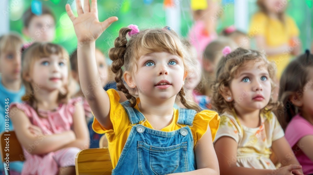 A class full of children and one little girl raises her hand. The background is blurred. A class full of children and one little girl raises her hand. The background is blurred.