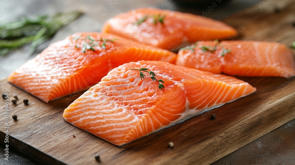 Fresh Salmon Fillets on Wooden Cutting Board Fresh Salmon Fillets on Wooden Cutting Board