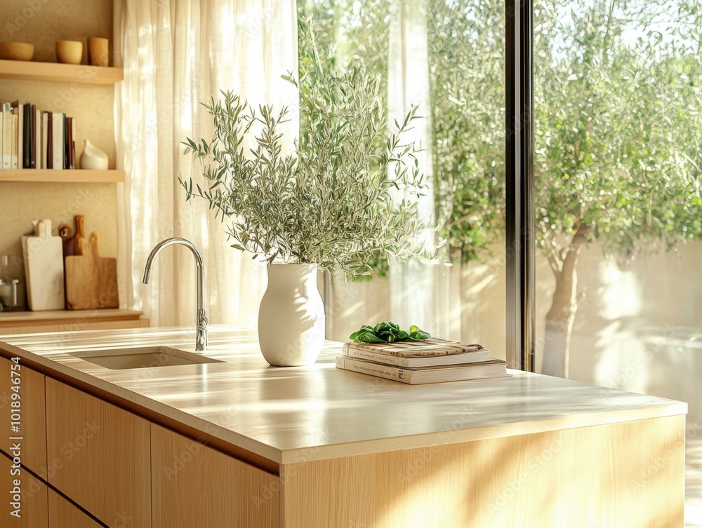 Fototapeta premium A kitchen counter with a sink and a vase of flowers