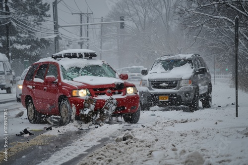 Winter Car Accident: Red Car Rear-Ends Grey SUV on Snowy Road - Safety and Awareness photo