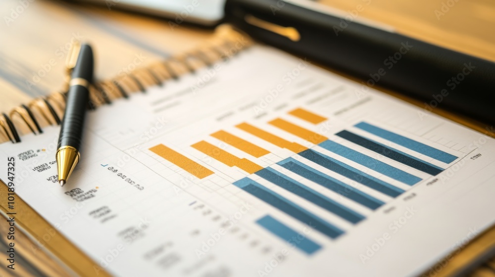 Business Growth Chart with Pen and Notebook on Table Business Growth Chart with Pen and Notebook on Table