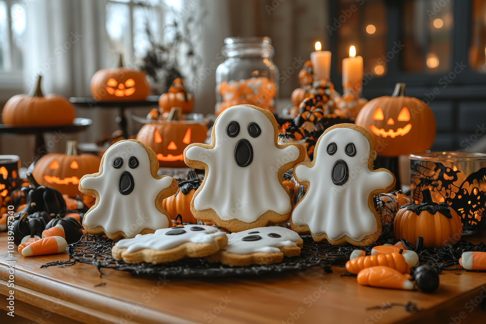 A table filled with themed treats like ghost-shaped cookies and candy corn. Concept of Halloween parties. A table filled with themed treats like ghost-shaped cookies and candy corn. Concept of Halloween parties.