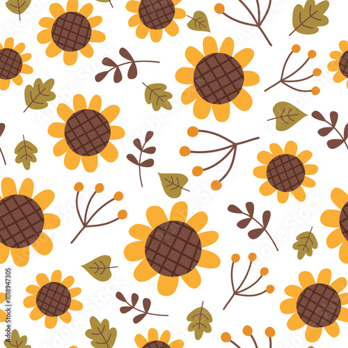 Fall seamless pattern. Autumn background with sunflowers. Vector illustration. It can be used for wallpapers, wrapping, cards, patterns for clothes and other.