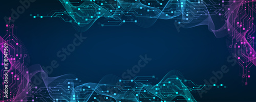 Digital technology abstract background with AI circuit board texture. Technology connected blue lines with electronics elements on tech BG. Semiconductor hardware. Cyber engineering.