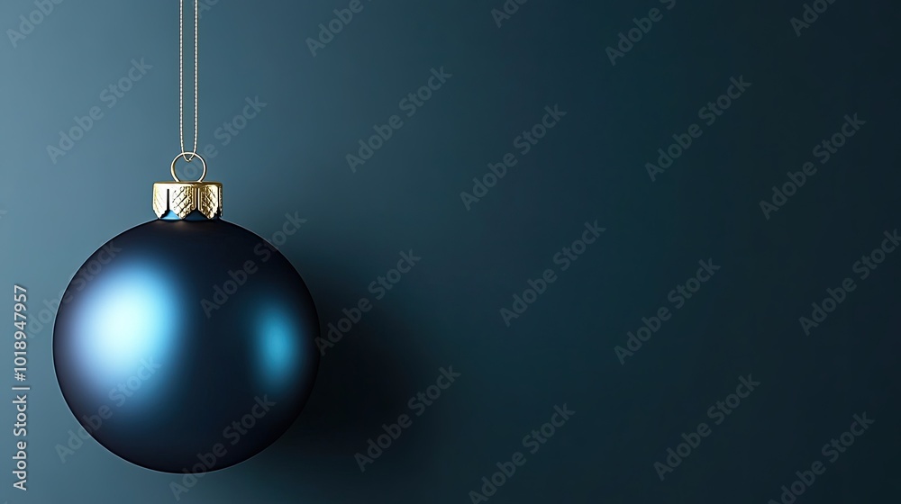 A close-up view of a dark blue Christmas ornament elegantly suspended from a green evergreen branch, showcasing intricate details and vibrant colors against a dark backdrop