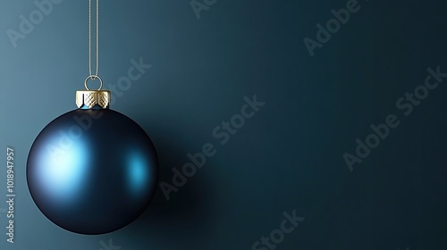 A close-up view of a dark blue Christmas ornament elegantly suspended from a green evergreen branch, showcasing intricate details and vibrant colors against a dark backdrop