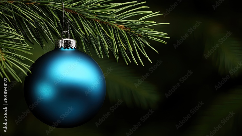 A close-up view of a dark blue Christmas ornament elegantly suspended from a green evergreen branch, showcasing intricate details and vibrant colors against a dark backdrop A close-up view of a dark blue Christmas ornament elegantly suspended from a green evergreen branch, showcasing intricate details and vibrant colors against a dark backdrop