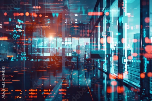 Wallpaper Mural A computer monitor is on a desk in a room with a blue background, generative ai image Torontodigital.ca