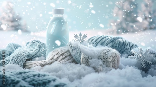 Winter Freshness Detergent Ad: Comfort and Cleanliness with Snowflakes and Woolen Garments photo