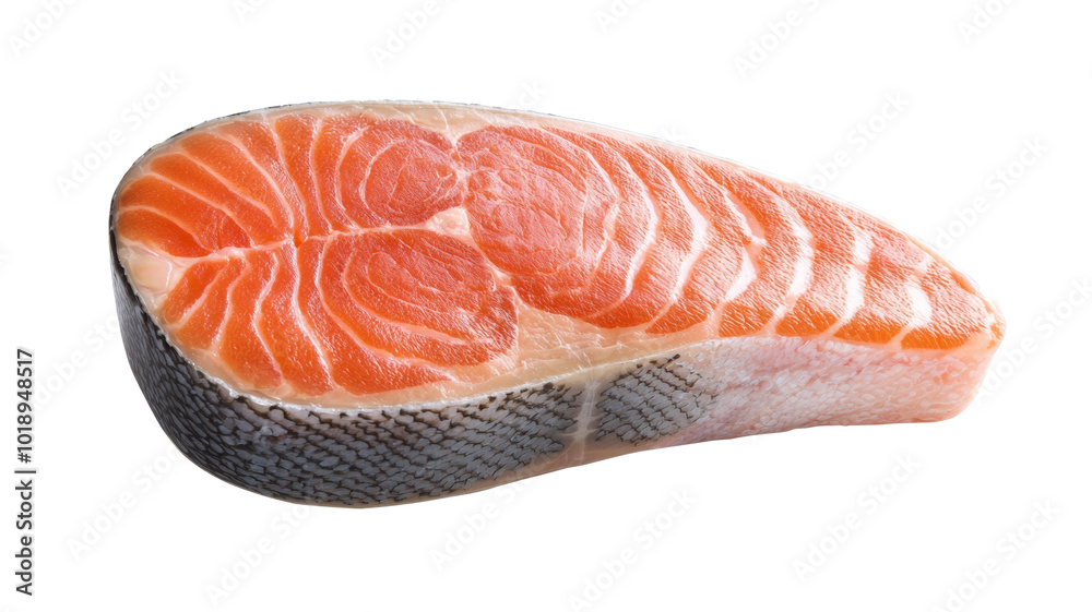 A piece of salmon is shown on a white background A piece of salmon is shown on a white background