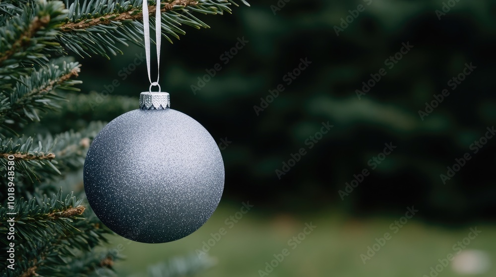 A close-up view of a dark blue Christmas ornament elegantly suspended from a green evergreen branch, showcasing intricate details and vibrant colors against a dark backdrop A close-up view of a dark blue Christmas ornament elegantly suspended from a green evergreen branch, showcasing intricate details and vibrant colors against a dark backdrop