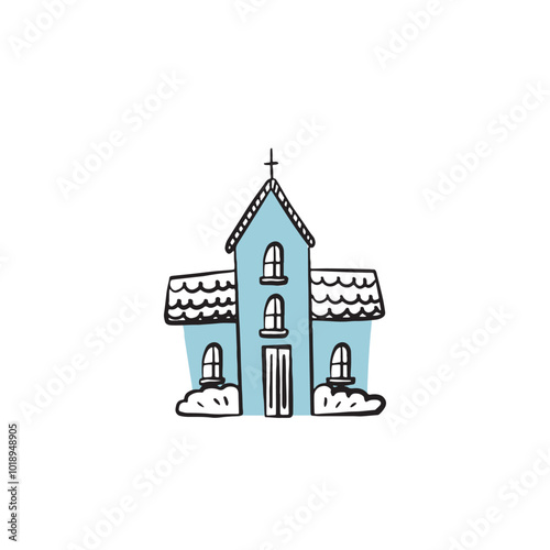 Hand drawn flat vector illustration of house, church in childish style, isolated elements. Concept for textile patter, nursery design, map design, childish