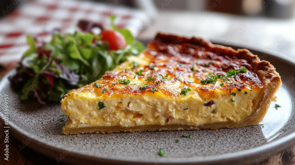 Slice of quiche served with fresh salad on a plate. Slice of quiche served with fresh salad on a plate.