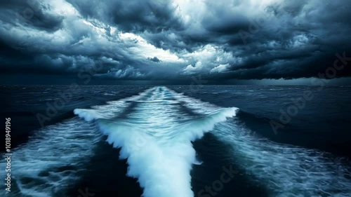 A boat's wake cuts through the dark, choppy water as stormy clouds gather overhead