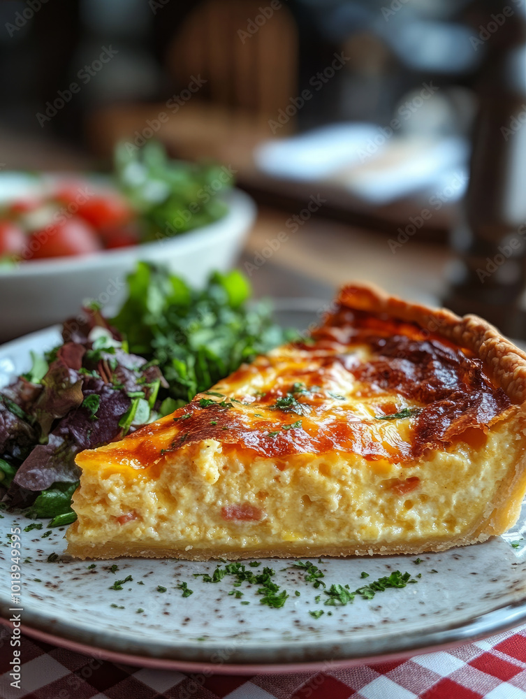 Close-up of a slice of quiche with salad on a plate