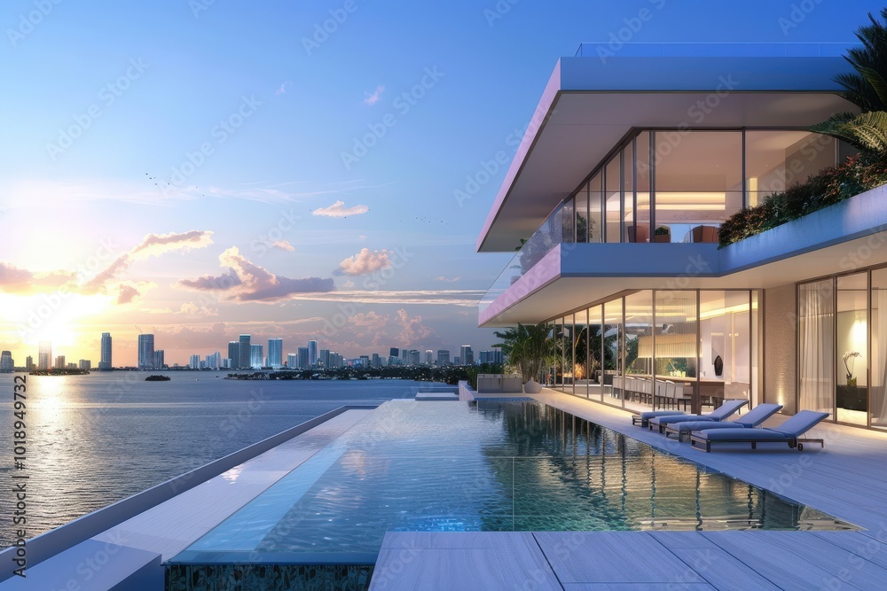 Obraz premium A large pool with a house in the background, generative ai image