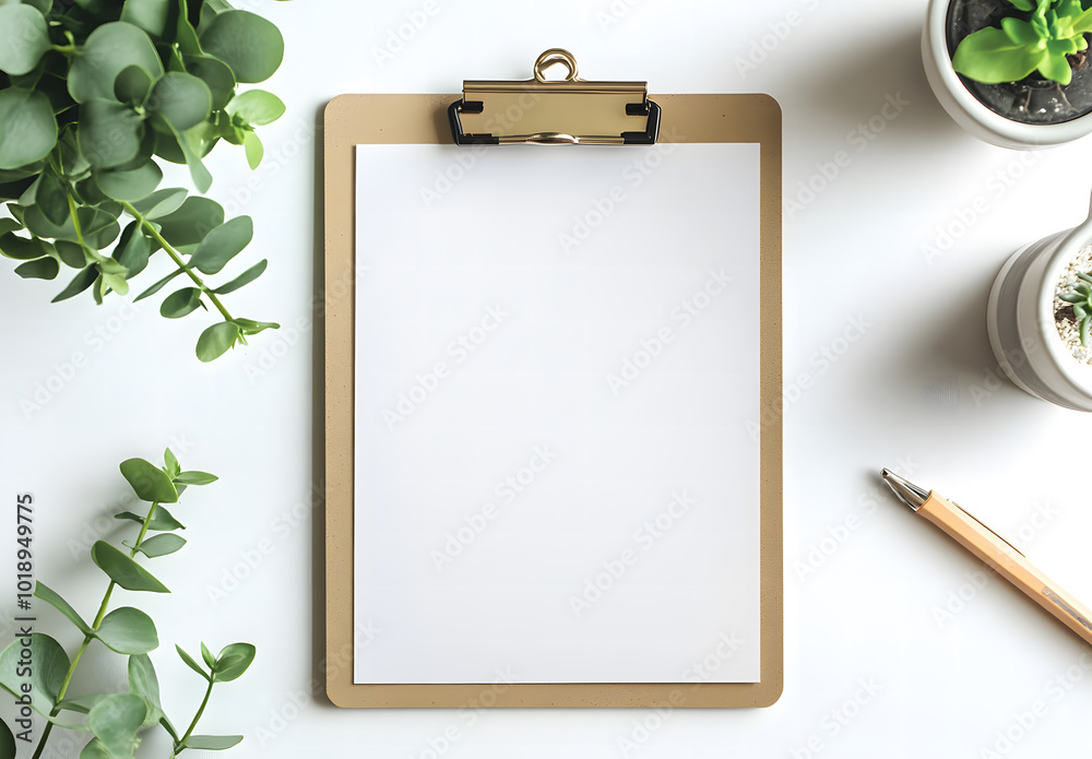 A blank paper list is on a black tablet on a light office table with a keyboard and a green plant in a vase. 3D rendering design, mockup design A blank paper list is on a black tablet on a light office table with a keyboard and a green plant in a vase. 3D rendering design, mockup design